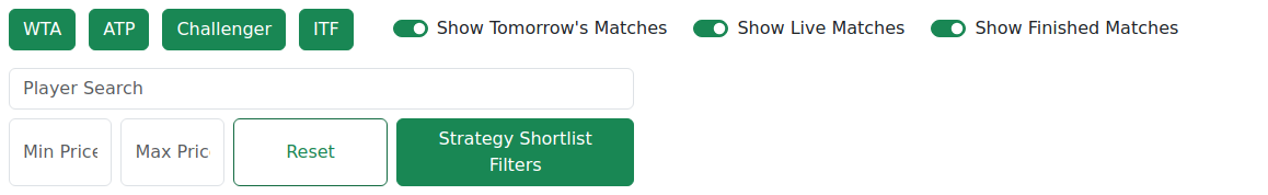 The All Matches filters